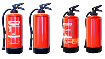 Four red fire extinguishers with black handles and hoses on white background