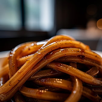 Close-up of glossy soy sauce noodles with pepper