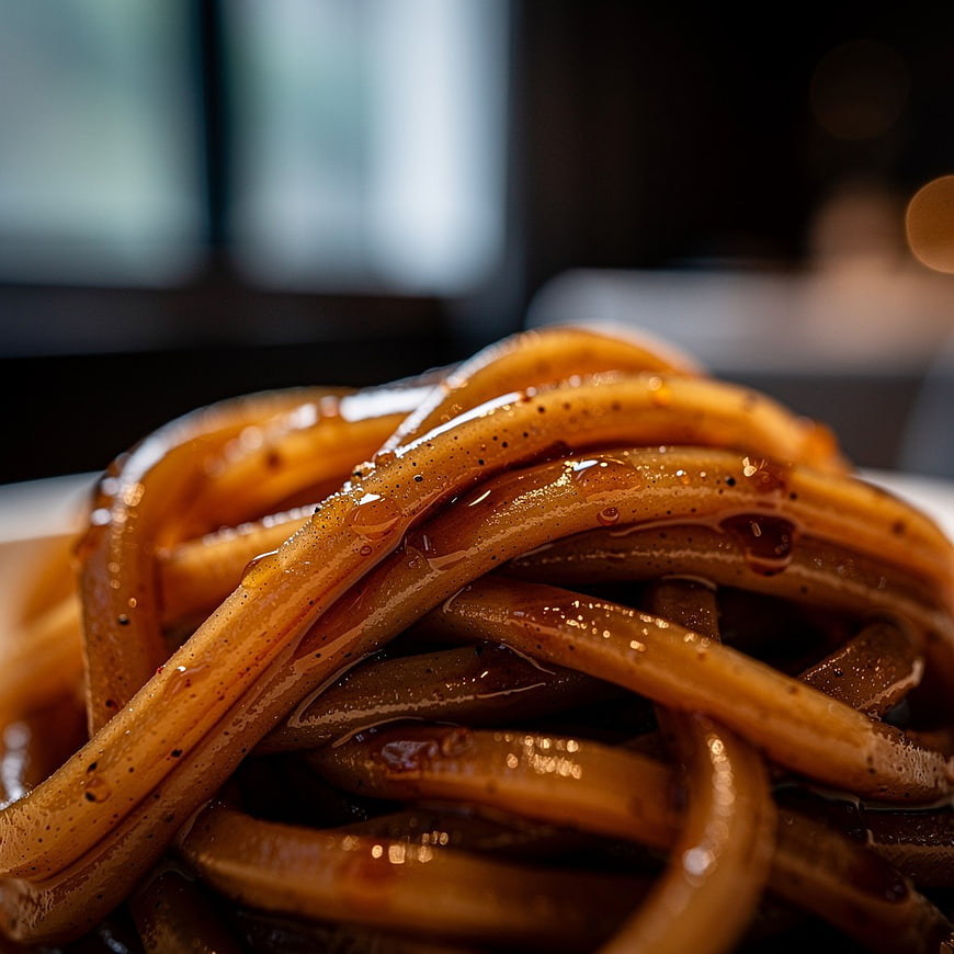 Close-up of glossy soy sauce noodles with pepper