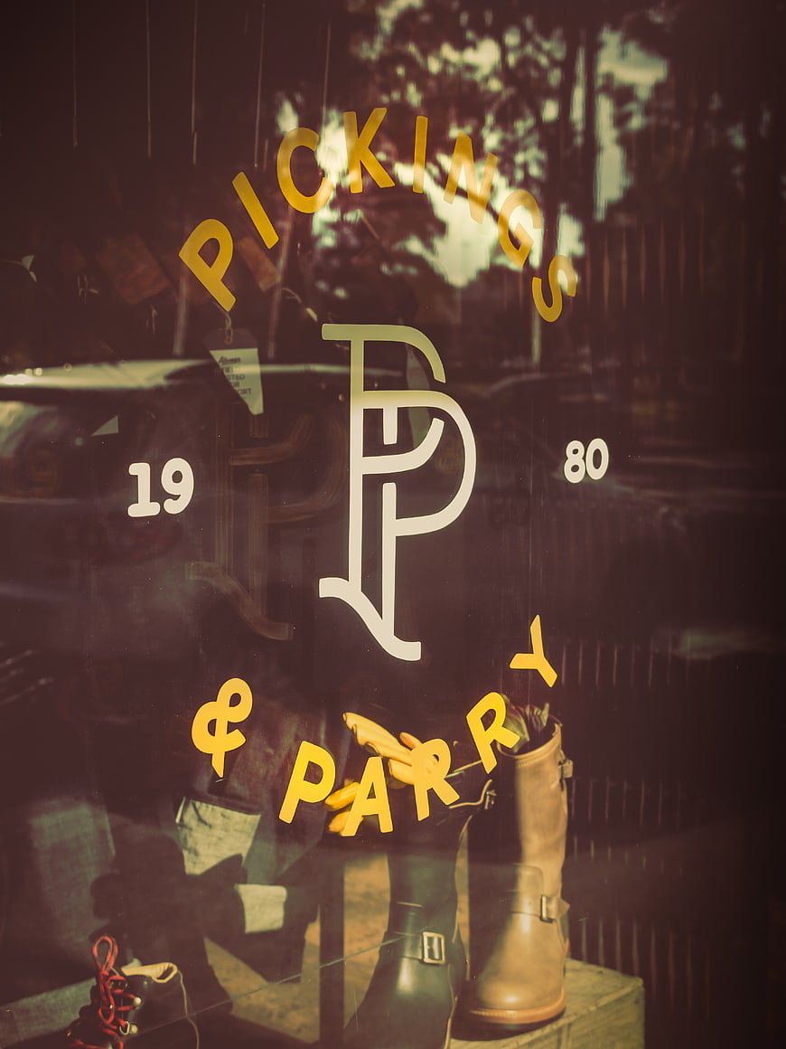 Vintage Boutique Window Display with Boots and Reflections