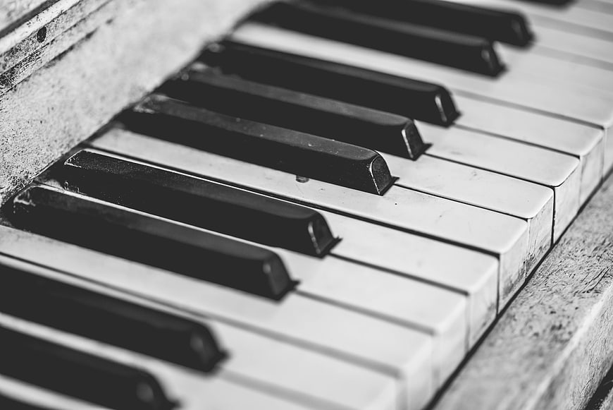 Close-up of vintage piano keys in black and white
