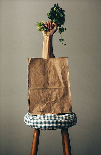 Hand holding fresh herbs from brown paper grocery bag on stool