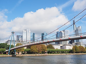 Holbein Bridge and Frankfurt Skyline over River Main