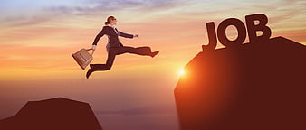 Businesswoman jumping across gap to reach job opportunity
