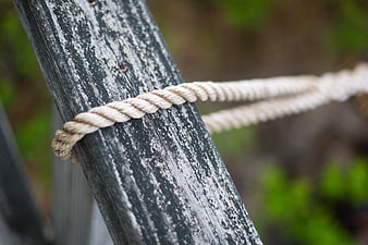Close-up of thick rope tied around weathered wooden post