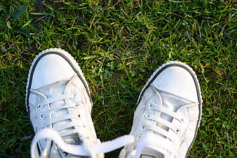 White Canvas Sneakers on Green Grass
