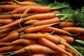Fresh Orange Carrots with Green Tops Piled Together