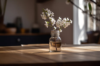 White cherry blossoms in glass jar on wooden table