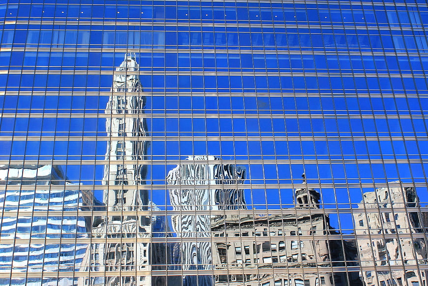Reflection of Chicago Skyscrapers in Modern Glass Building Facade