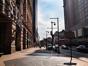 City Street View with Historic Architecture and Sidewalk