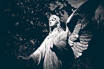 Dramatic Low Angle View of Weathered Stone Angel Statue in Cemetery