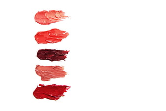 Five Red and Pink Lipstick Swatches on White Background