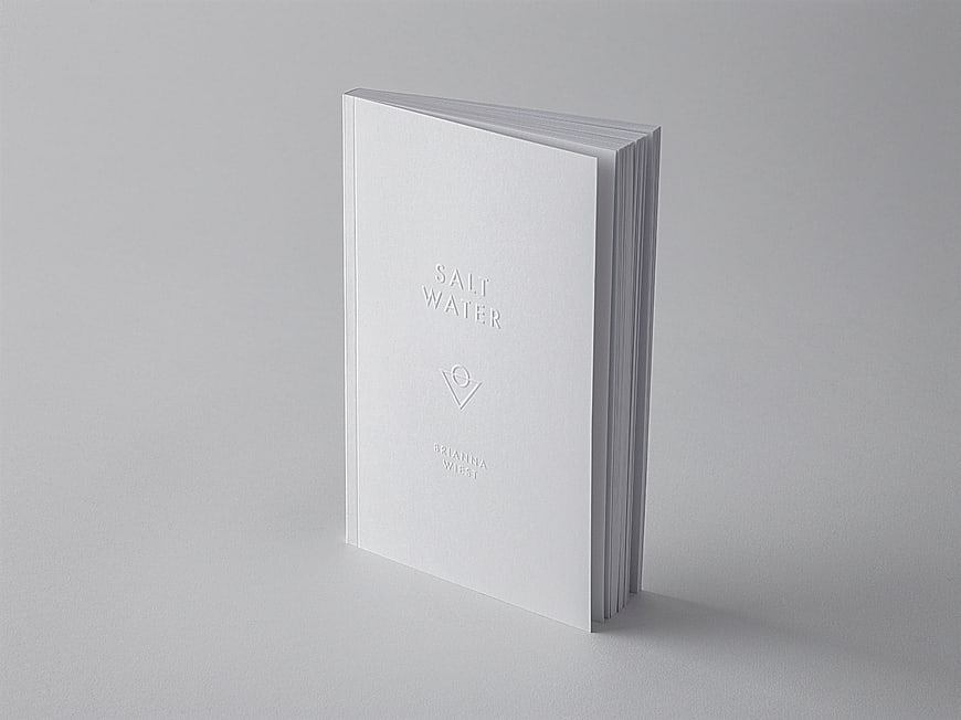 Minimalist white book mockup with embossed Salt Water title on gray background