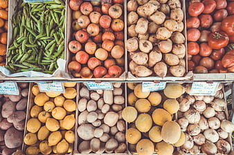 Overhead View of Fresh Produce in Wooden Market Crates