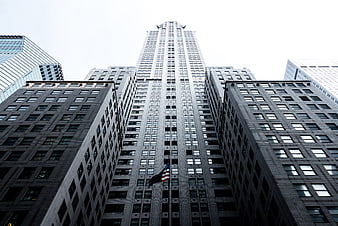 Low angle view of towering skyscrapers in a city