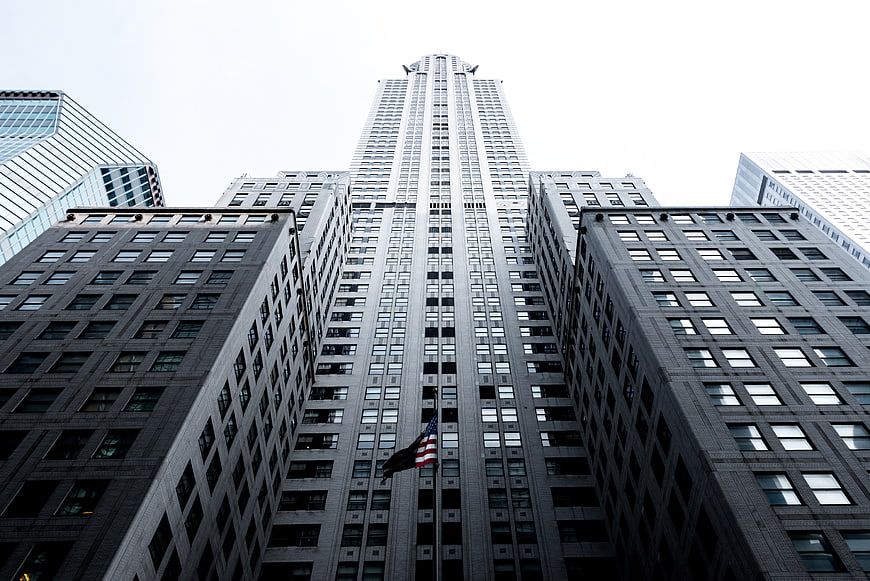 Low angle view of towering skyscrapers in a city