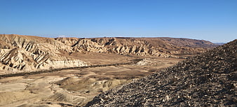 Panoramic view of arid desert landscape with eroded hills