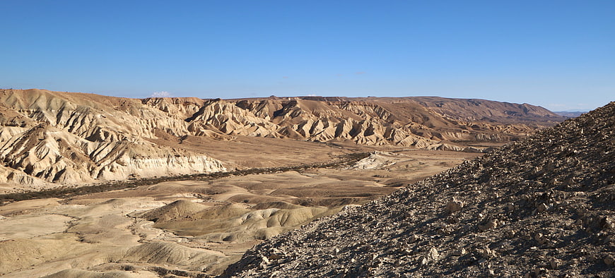 Panoramic view of arid desert landscape with eroded hills
