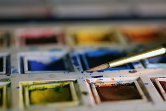 Close-up of watercolor palette with paintbrush