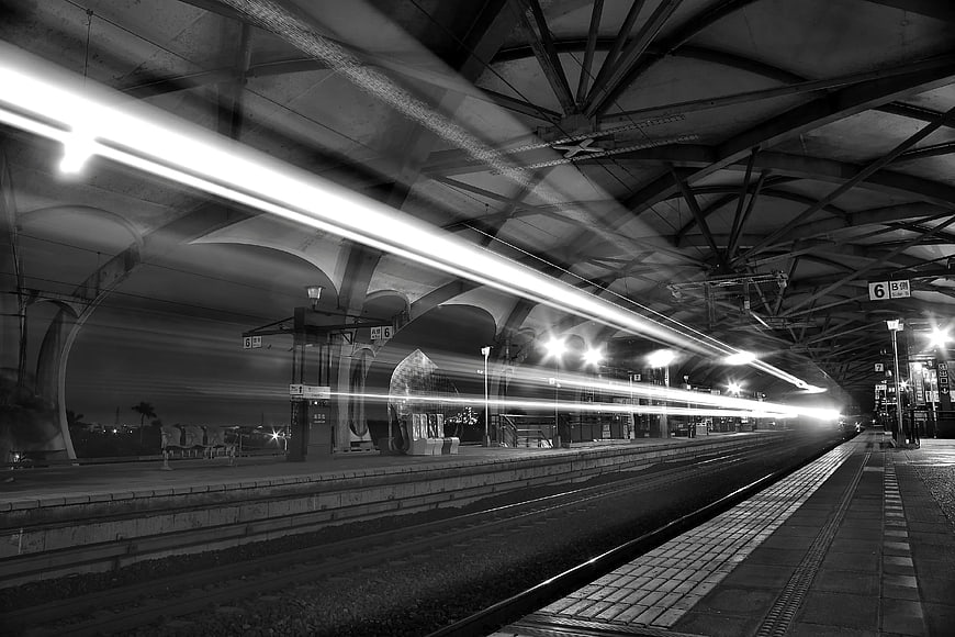 Long Exposure Black and White Train Station Light Trails