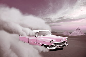Pink 1950s Cadillac in Desert Sandstorm with Pyramids