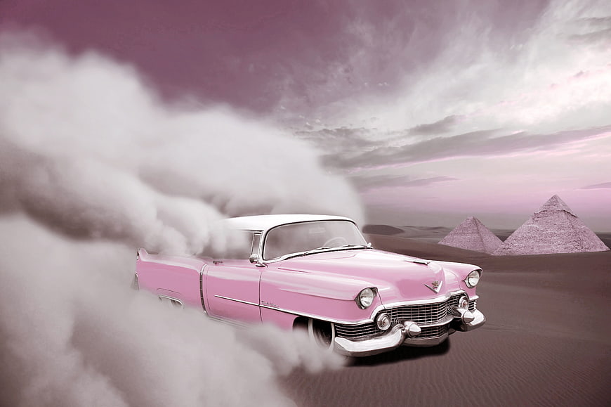 Pink 1950s Cadillac in Desert Sandstorm with Pyramids