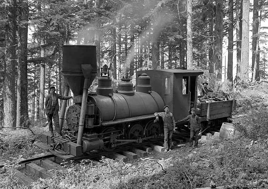 Vintage Black and White Photo of Logging Train in Forest