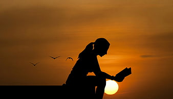 Silhouette of woman reading book at sunset with birds in sky