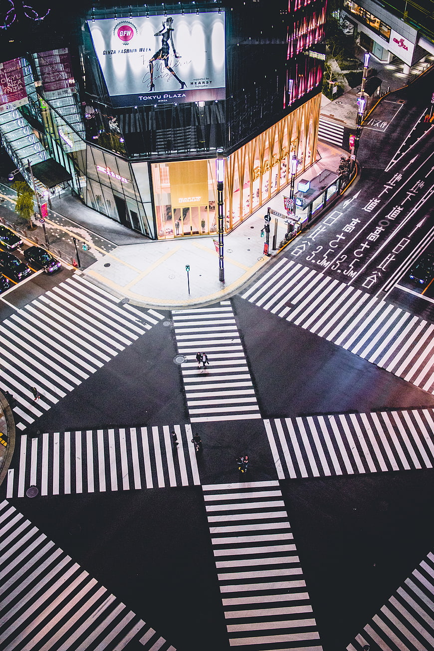 Aerial view of Ginza Crossing in Tokyo at night with neon lights
