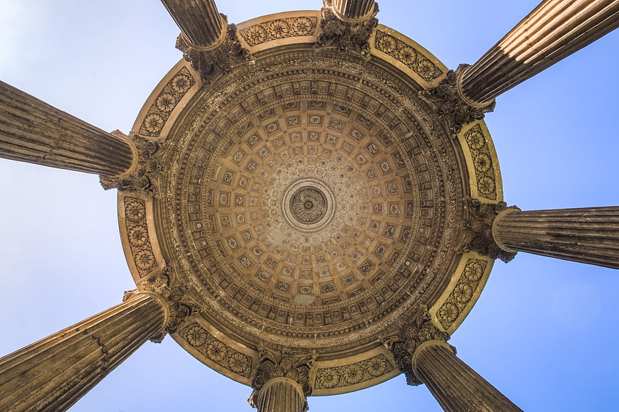 Low angle view of classical dome ceiling with columns
