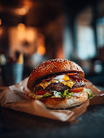Juicy Bacon Cheeseburger with Fried Egg on Sesame Bun
