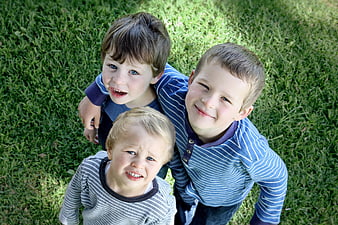 Three young boys looking up from green grass