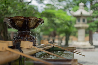 Japanese Temple Water Purification Fountain with Bamboo Scoops