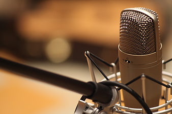 Close-up of professional studio microphone in shock mount