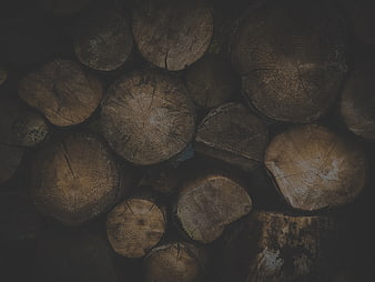 Dark textured pile of cut wood logs