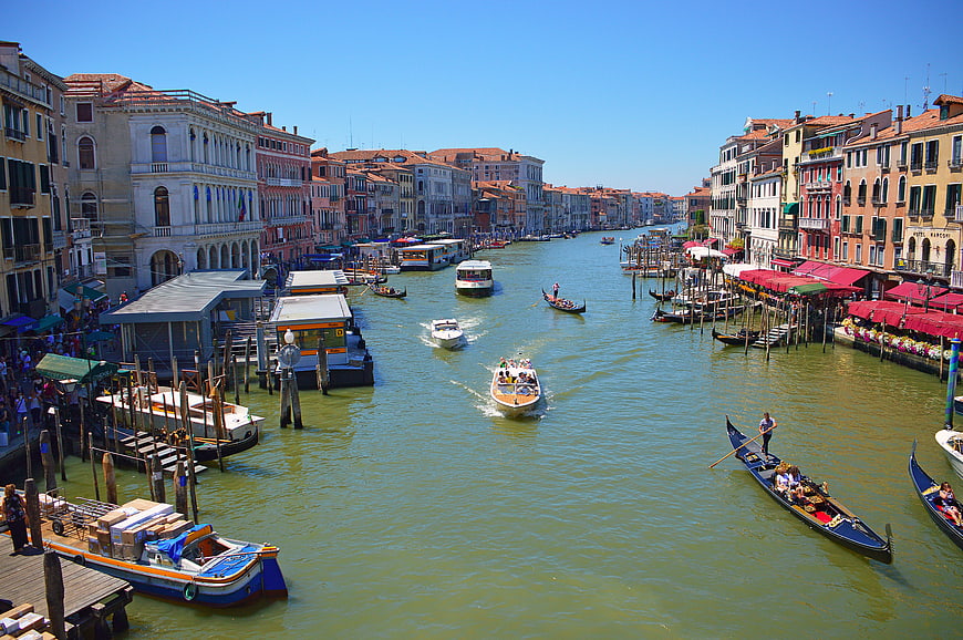Busy Grand Canal Venice with Gondolas and Vaporettos