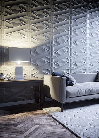 Modern Living Room with Geometric 3D Wall Panels and Sofa