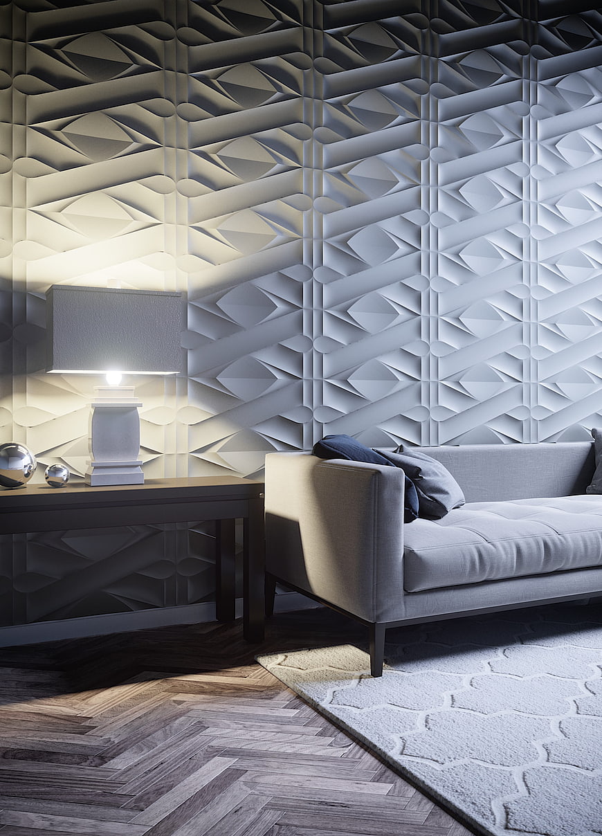 Modern Living Room with Geometric 3D Wall Panels and Sofa