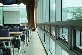 Empty modern lecture hall with rows of desks and large windows