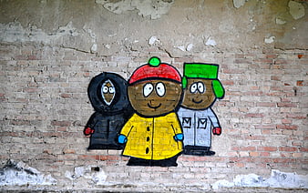 South Park Style Cartoon Characters Street Art On Weathered Brick Wall