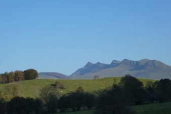 Panoramic view of green rolling hills and mountains under blue sky