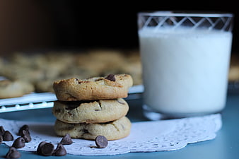 Stack of chocolate chip cookies with glass of milk