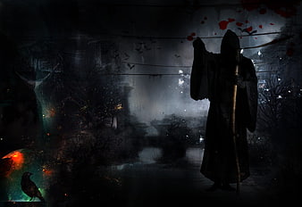 Dark Fantasy Grim Reaper with Scythe and Raven