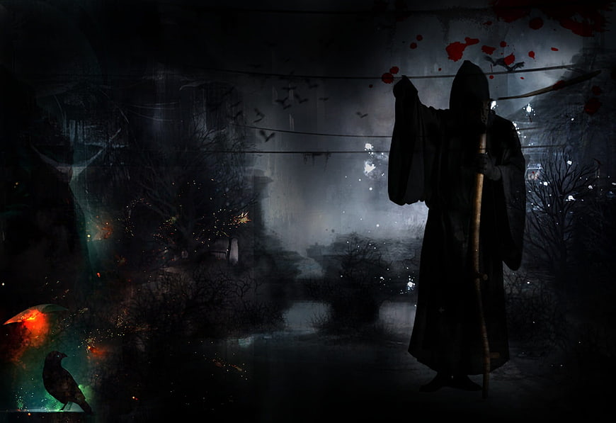 Dark Fantasy Grim Reaper with Scythe and Raven