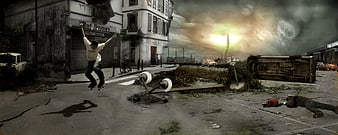 Skater performing trick in apocalyptic urban street with storm clouds