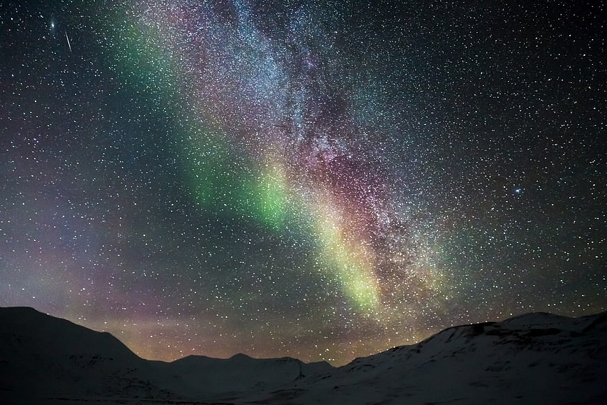 Aurora Borealis and Milky Way over Snowy Mountains
