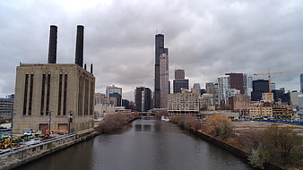 Chicago River Skyline with Power Plant and Willis Tower