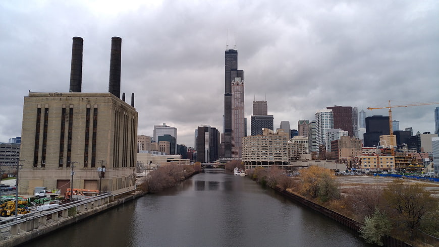 Chicago River Skyline with Power Plant and Willis Tower