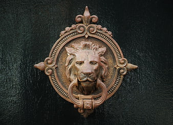 Vintage Bronze Lion Head Door Knocker On Dark Textured Door