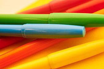 Close-up of colorful highlighters and markers